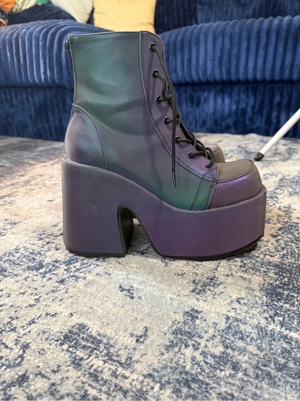 Demonia Iridescent Green-Purple Platform Lace-Up Boots - Women's